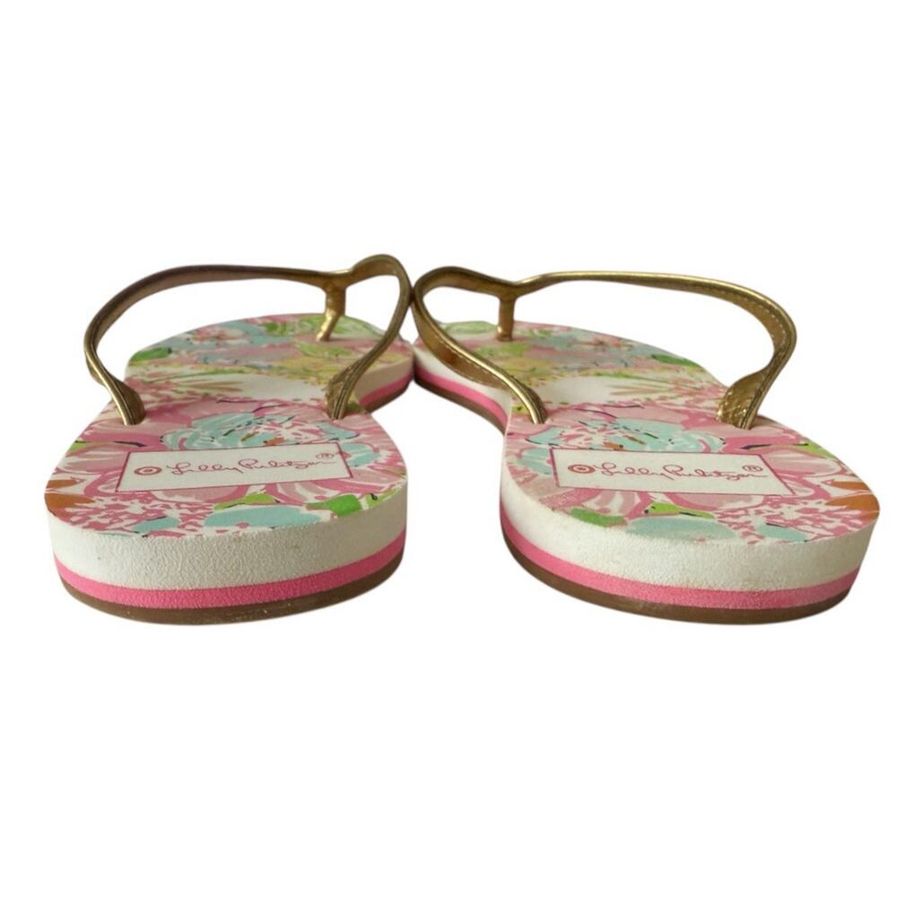 Lilly Pulitzer Flip Flop Sandals Thong Womens 8 Floral Nosey Posey Gold Toe Post - Picture 6 of 7